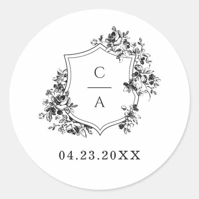Pegatina Redonda Elegantes Rosas franceses sobre Escudo botánico (Anverso)