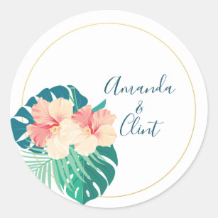 Pegatina Redonda Elegantes stickers de boda hawaiana para hibiscos