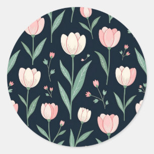 Pegatina Redonda Elegantes Tulipanes Rosados Patrón Floral Sin Cost