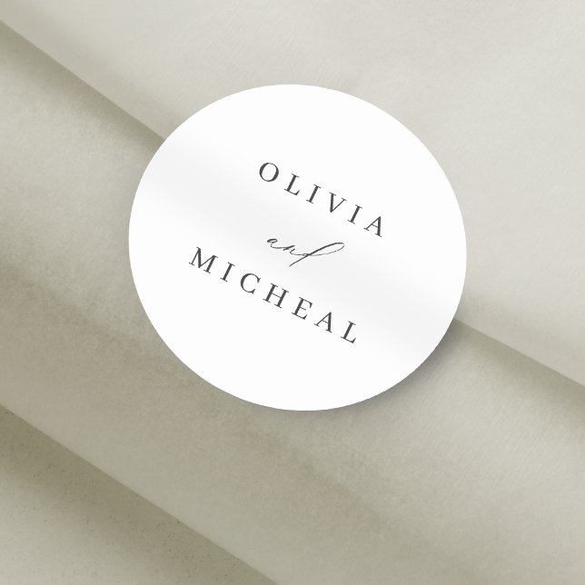 Pegatina Redonda Elegantes y modernas parejas nombran boda minimali (Elegant modern couple names minimalist wedding classic round sticker)