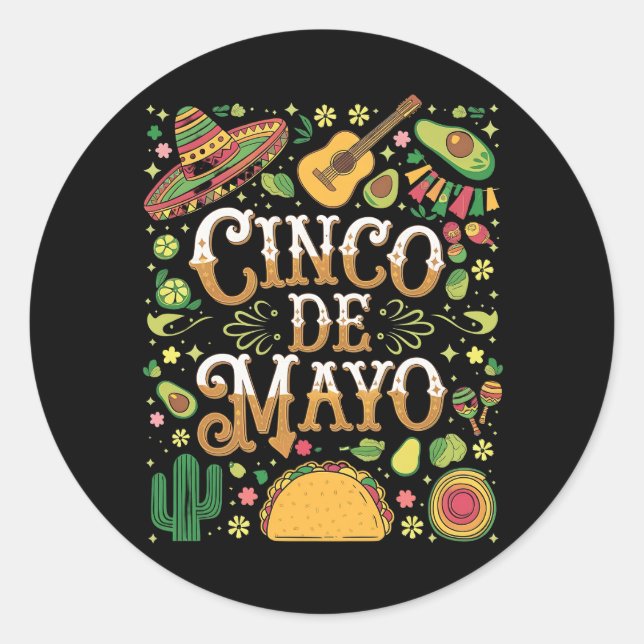 Pegatina Redonda Elementos Divertidos de Fiesta de Cinco de Mayo (Anverso)