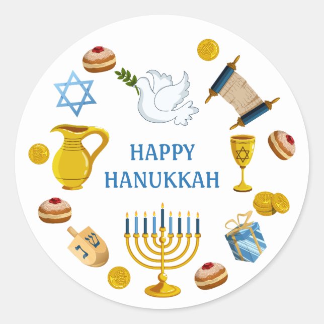 Pegatina Redonda Elementos Tradicionales de Hanukká Estrella de Dav (Anverso)
