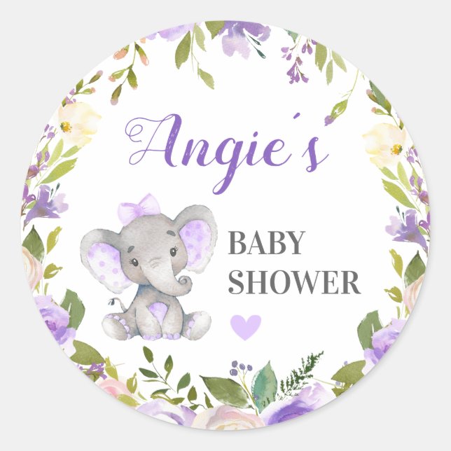 Pegatina Redonda Elephant Baby Girl Shower Lavender Purple Favor (Anverso)