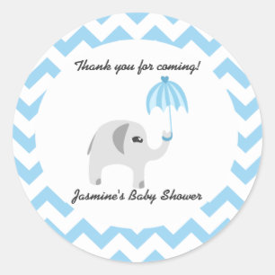Pegatina Redonda Elephant Baby Shower Blue Umbrella