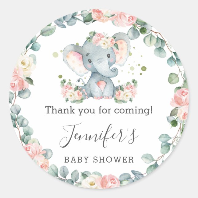Pegatina Redonda Elephant Baby Shower Floral Greenereneration Graci (Anverso)