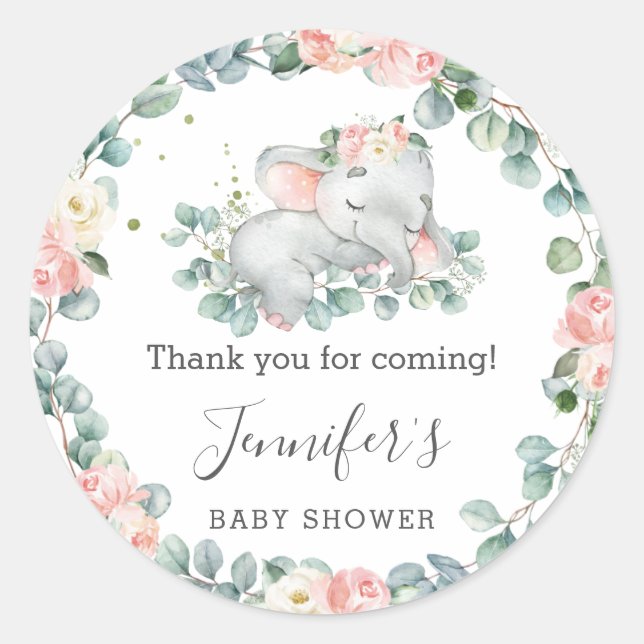 Pegatina Redonda Elephant Baby Shower Floral Greenereneration Graci (Anverso)