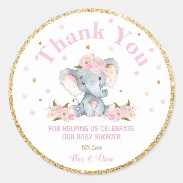 Pegatina Redonda Elephant Baby Shower Gracias Pegatinas Labels (Anverso)