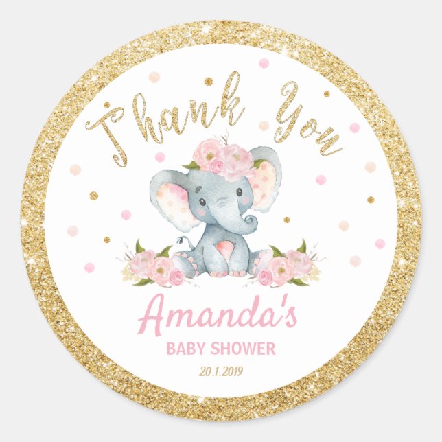 Pegatina Redonda Elephant Baby Shower Gracias Pegatinas Labels (Anverso)