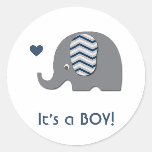 Pegatina Redonda Elephant Baby Shower Invitación Boy Chevron Azul