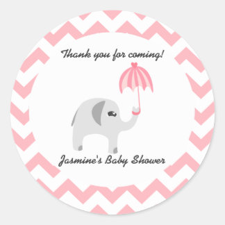 Pegatina Redonda Elephant Baby Shower Pink Umbrella