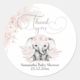 Pegatina Redonda Elephant Blash Flor rosa Boho Baby Shower