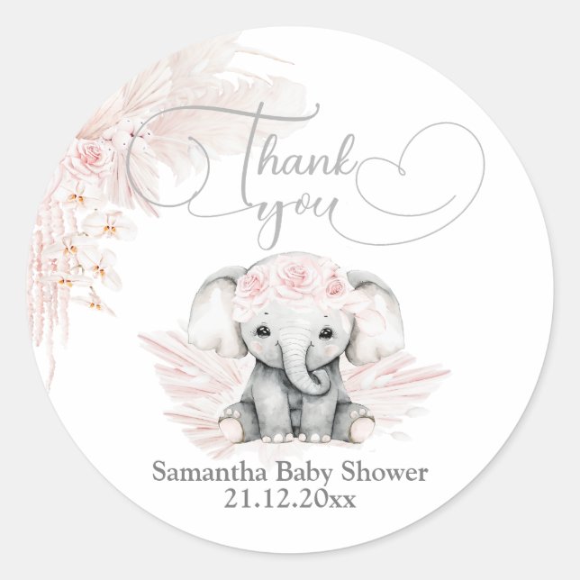 Pegatina Redonda Elephant Blash Flor rosa Boho Baby Shower (Anverso)