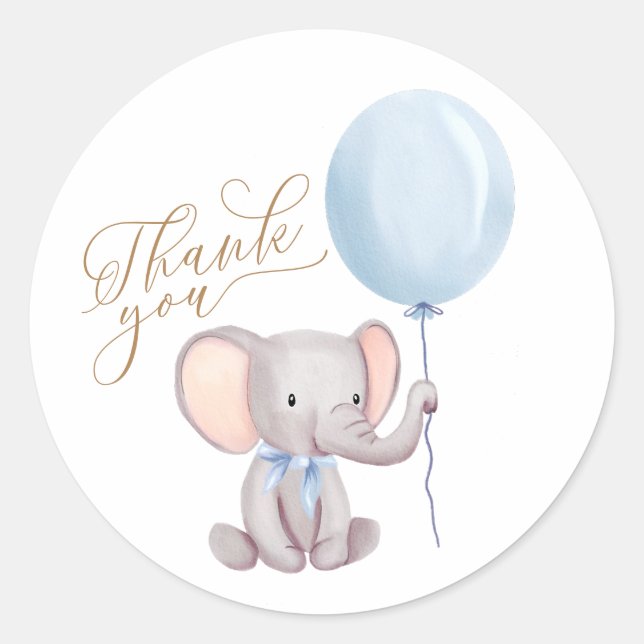Pegatina Redonda Elephant Blue Balloon Baby Shower Gracias (Anverso)