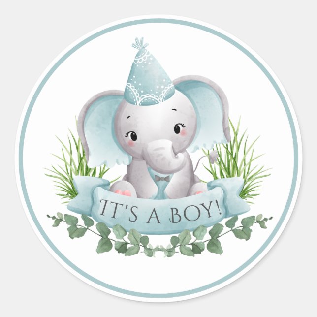 Pegatina Redonda Elephant Boys Pegatinas de Baby Shower (Anverso)