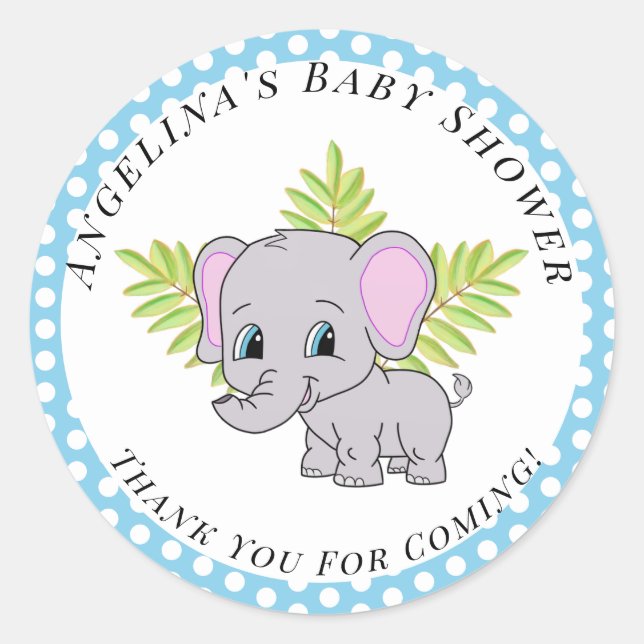 Pegatina Redonda Elephant Cute Baby Shower Boy Blue Gracias (Anverso)