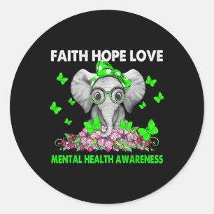 Pegatina Redonda Elephant Faith Hope Love Mental Health Awaration