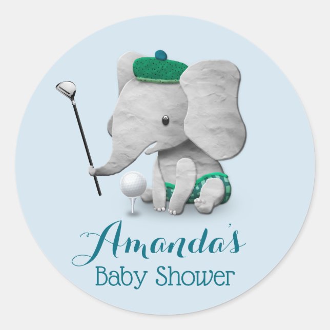 Pegatina Redonda Elephant Golf Boy Cute Baby Shower (Anverso)