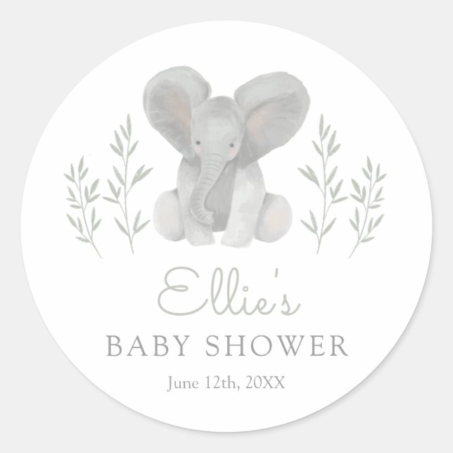 Pegatina Redonda Elephant Greenery Baby Shower (Anverso)