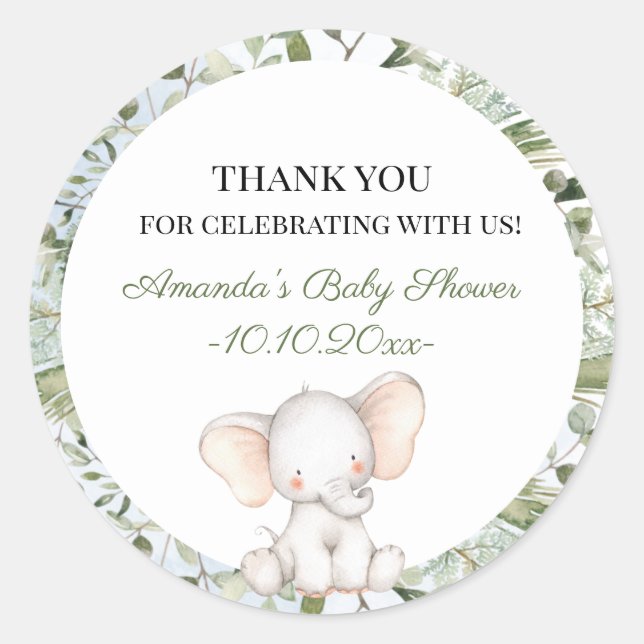 Pegatina Redonda Elephant Greenery Boy Circle Boy Baby Shower (Anverso)