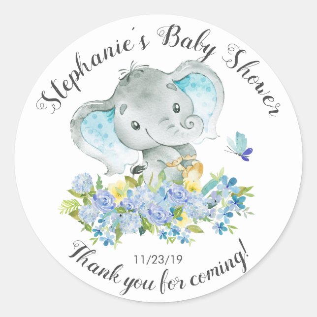 Pegatina Redonda Elephant Jungle Animals Baby Boy Shower Favor (Anverso)