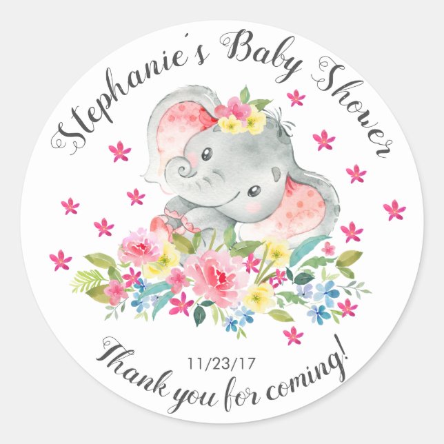 Pegatina Redonda Elephant Jungle Animals Baby Girl Shower Favor (Anverso)