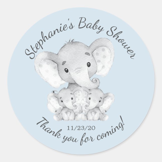 Pegatina Redonda Elephant Jungle Animals Twins Baby Shower Favor (Anverso)