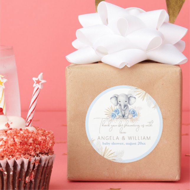 Pegatina Redonda Elephant Safari Boho Blue Gracias Baby Shower (Fiesta)