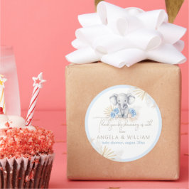Pegatina Redonda Elephant Safari Boho Blue Gracias Baby Shower