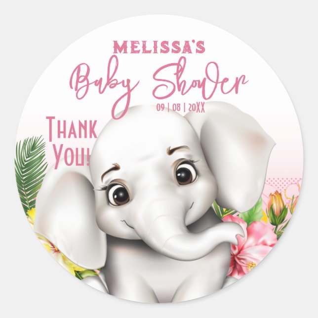 Pegatina Redonda Elephant Safari Tropical Jungle Baby Shower (Anverso)