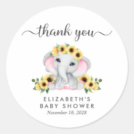 Pegatina Redonda Elephant Sunflowers Baby Shower