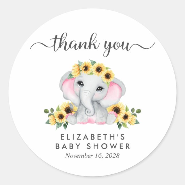 Pegatina Redonda Elephant Sunflowers Baby Shower (Anverso)