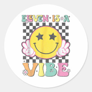 Pegatina Redonda Eleven es un Vibe 11º Cumpleaños Groovy Smile Face