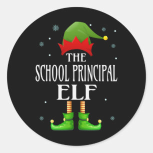 Pegatina Redonda Elf, director de escuela, Navidad, familia diverti