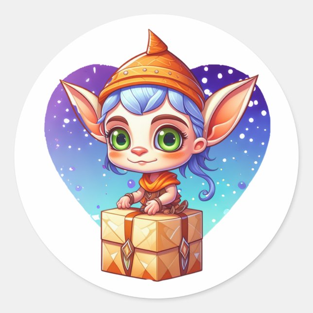 Pegatina Redonda Elf navidades con antecedentes nevados (Anverso)
