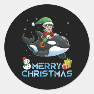 Pegatina Redonda Elf Riding Orca Snowman presente Feliz Día de Navi