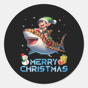 Pegatina Redonda Elf Riding Tiger Shark Snowman presente a Chris