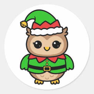Pegatina Redonda Elfo adorable de búho de Navidad