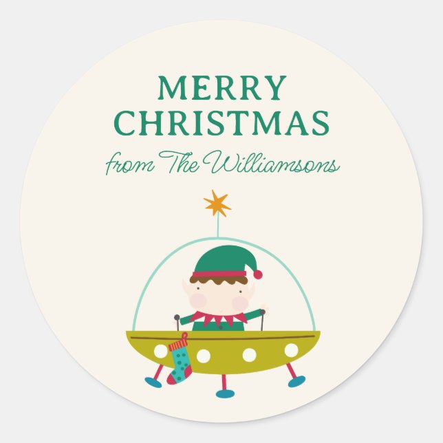 Pegatina Redonda Elfo Cósmico Espacio Navidad Personalizado  (Anverso)