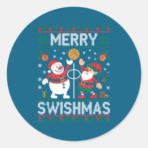 Pegatina Redonda Elfo de Baloncesto de Navidad Muñeco de Nieve Swis