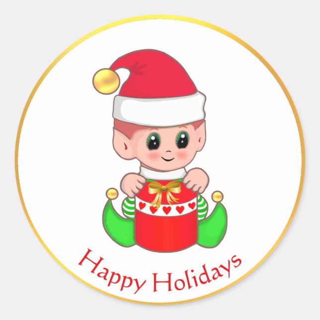 Pegatina Redonda Elfo de Navidad Adorable (Anverso)