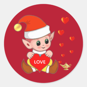 Pegatina Redonda Elfo lindo con corazones de amor en rojo