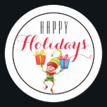 Pegatina Redonda Elfo lindo con regalos Felices vacaciones/Blanco<br><div class="desc">Elf lindo con diseño de regalos con un saludo de Feliz Navidad en blanco. Excelente para envolver regalos,  sellar sobres,  adjuntar etiquetas a un paquete o poner en tus hijos bolsas de almuerzo!!</div>
