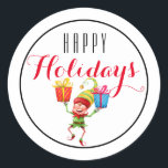 Pegatina Redonda Elfo lindo con regalos Felices vacaciones/Blanco<br><div class="desc">Elf lindo con diseño de regalos con un saludo de Feliz Navidad en blanco. Excelente para envolver regalos,  sellar sobres,  adjuntar etiquetas a un paquete o poner en tus hijos bolsas de almuerzo!!</div>