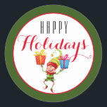 Pegatina Redonda Elfo lindo con regalos Felices vacaciones/Verde<br><div class="desc">Elf lindo con diseño de regalos con un saludo de Feliz Navidad en blanco. Excelente para envolver regalos,  sellar sobres,  adjuntar etiquetas a un paquete o poner en tus hijos bolsas de almuerzo!!</div>