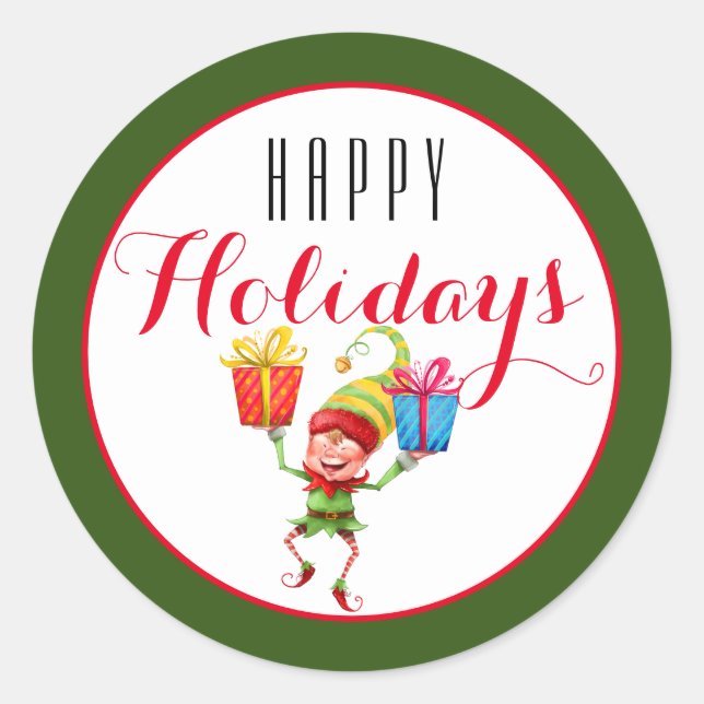 Pegatina Redonda Elfo lindo con regalos Felices vacaciones/Verde (Anverso)