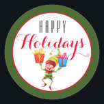 Pegatina Redonda Elfo lindo con regalos Felices vacaciones/Verde<br><div class="desc">Elf lindo con diseño de regalos con un saludo de Feliz Navidad en blanco. Excelente para envolver regalos,  sellar sobres,  adjuntar etiquetas a un paquete o poner en tus hijos bolsas de almuerzo!!</div>