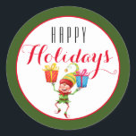 Pegatina Redonda Elfo lindo con regalos Felices vacaciones/Verde<br><div class="desc">Elf lindo con diseño de regalos con un saludo de Feliz Navidad en blanco. Excelente para envolver regalos,  sellar sobres,  adjuntar etiquetas a un paquete o poner en tus hijos bolsas de almuerzo!!</div>