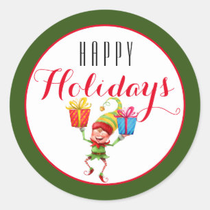 Pegatina Redonda Elfo lindo con regalos Felices vacaciones/Verde