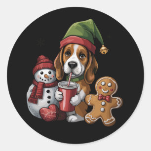Pegatina Redonda Elfo Perro Basset Hound Navideño Feliz Navidad