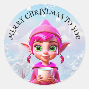 Pegatina Redonda Elfo rosa dulce con Navidades de café o cacao